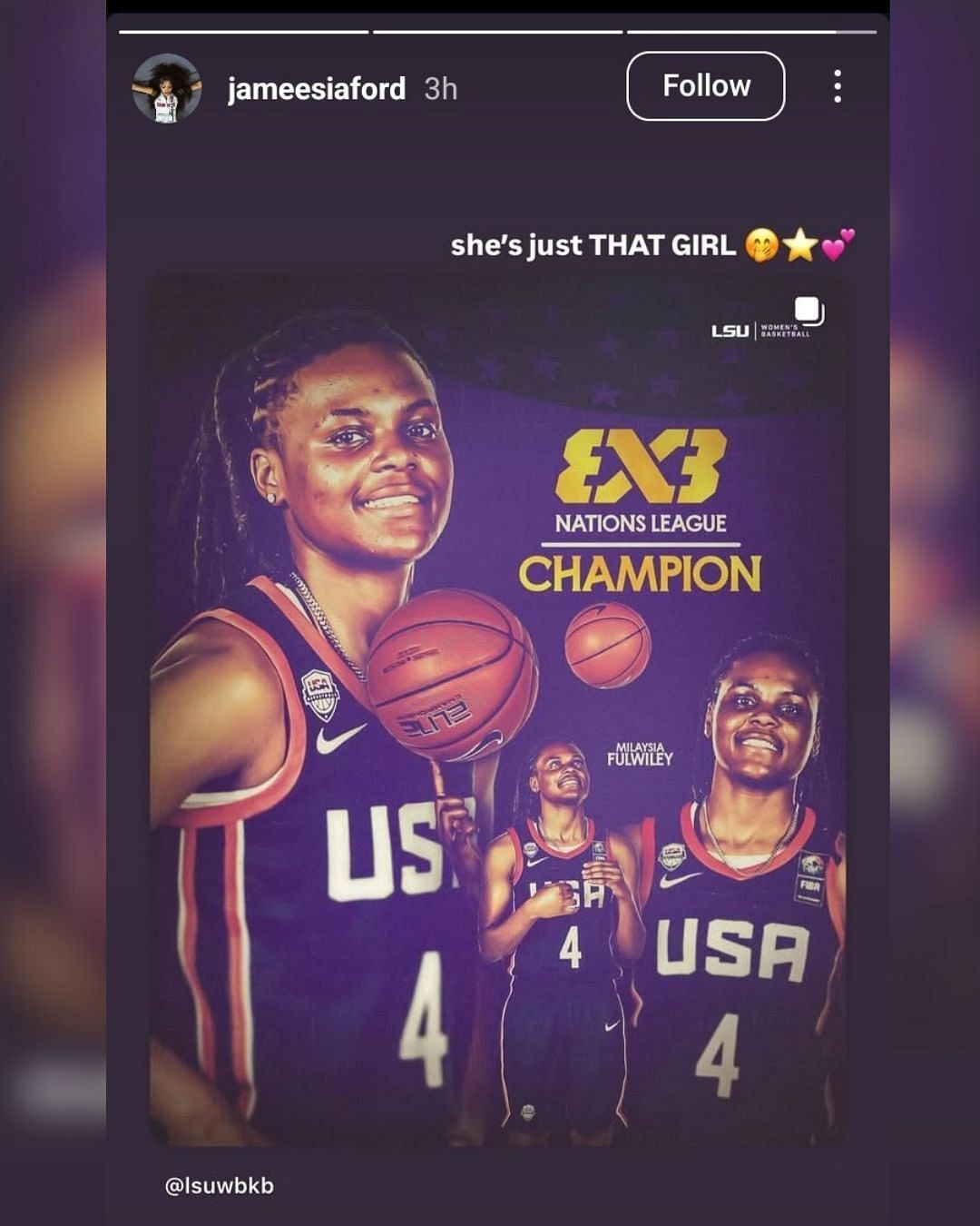 JaMeesia Ford has 4-word reaction to GF, and LSU star Milaysia Fulwiley earns major FIBA honor. (Image via Instagram @jameesiaford)